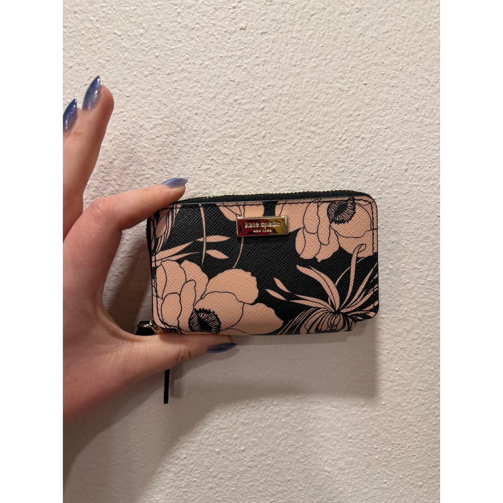 Kate Spade New York Black Blush Pink Floral Saffiano Leather Double Zip Wallet